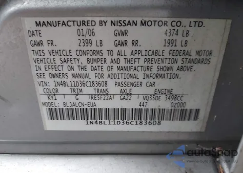 2006 Nissan Altima 3.5 Se z USA, uszkodzony, nr VIN 1N4BL11D36C183608